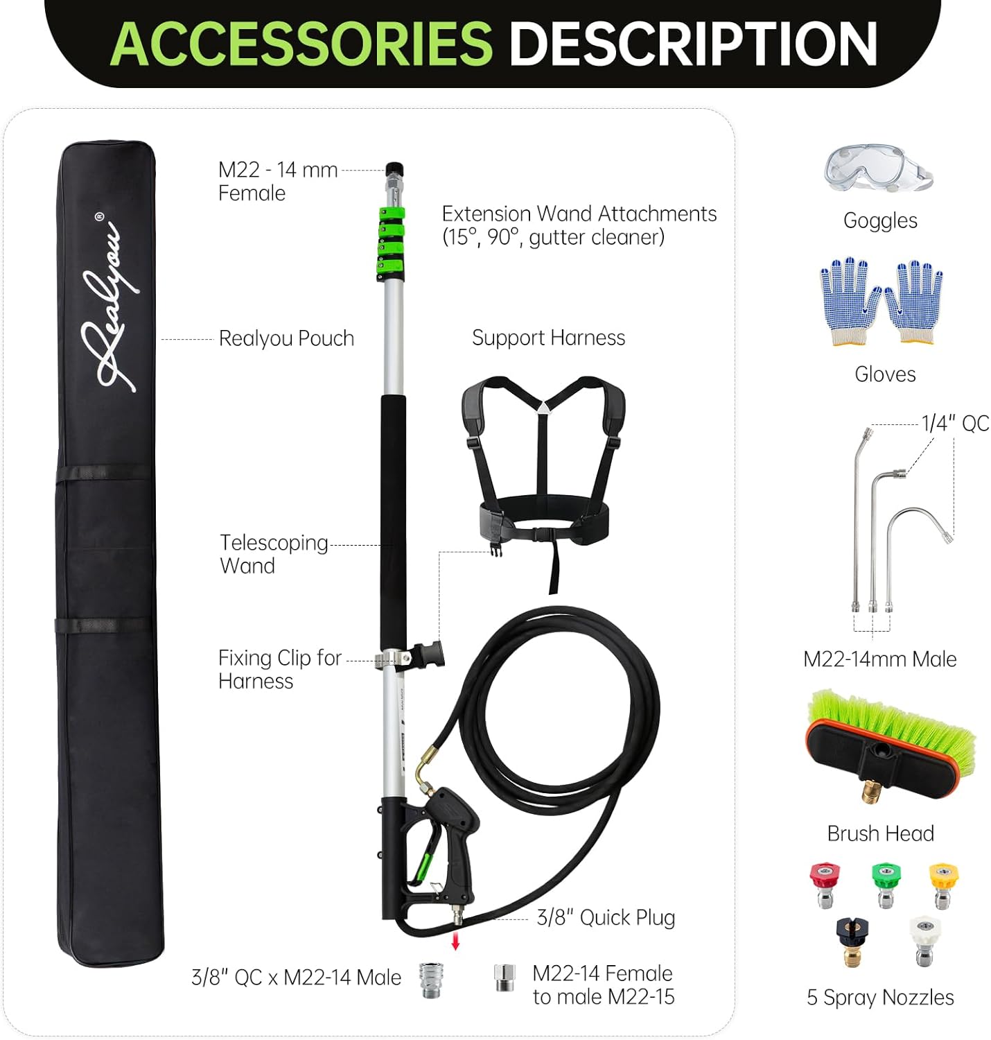 Realyou 24 FT Pressure Washer Telescoping Wand with Pressure Washer Extension Wand, Gutter Cleaner Tool, 5 Spray Nozzle Tips, 2 Hose Adapters, Support Belt and Bursh Head-VerdiqueGarden