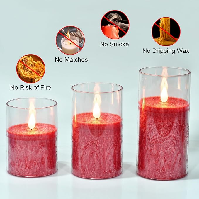 Flameless Flickering Remote Control Candle, Glass Pillar Candle,3 Pack (D:3"×H:4" 5" 6") LED 3D Flame Romantic Candle,Battery Operated Real Wax, Ideal for Wedding, Home Decor Holiday (Red)-VerdiqueGarden