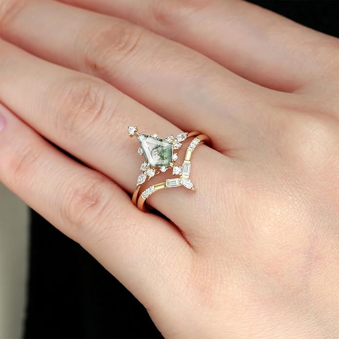 Natural Moss Agate Bridal Ring Set for Women 1CT Kite-cut Moss Agate Engagement Ring Set 925 Sterling Silver 10K 14K 18K Gold Classic Wedding Ring Set