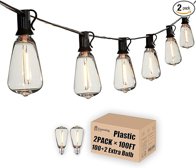 DAMAING Outdoor String Lights 200 FT Waterproof Patio Lights with 102 ST38 Shatterproof LED Bulbs, Dimmable Vintage Edison String Lights for Outside House Backyard Porch Gazebo Party,2-Pack x 100ft-VerdiqueGarden