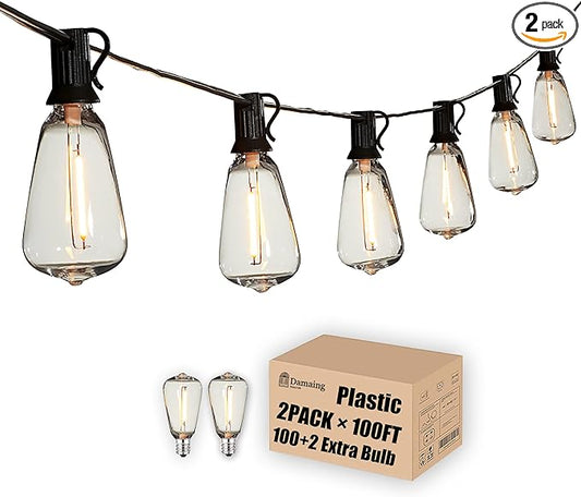 DAMAING Outdoor String Lights 200 FT Waterproof Patio Lights with 102 ST38 Shatterproof LED Bulbs, Dimmable Vintage Edison String Lights for Outside House Backyard Porch Gazebo Party,2-Pack x 100ft-VerdiqueGarden