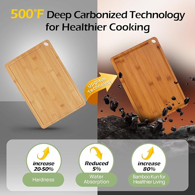 Butcher Block 2-Pcs Carbonized Bamboo Cutting Board Set With Juice Groove For Meal Prep & Cheese Serving - Ideal Kitchen Gift Set of 2 (M+L)-VerdiqueGarden