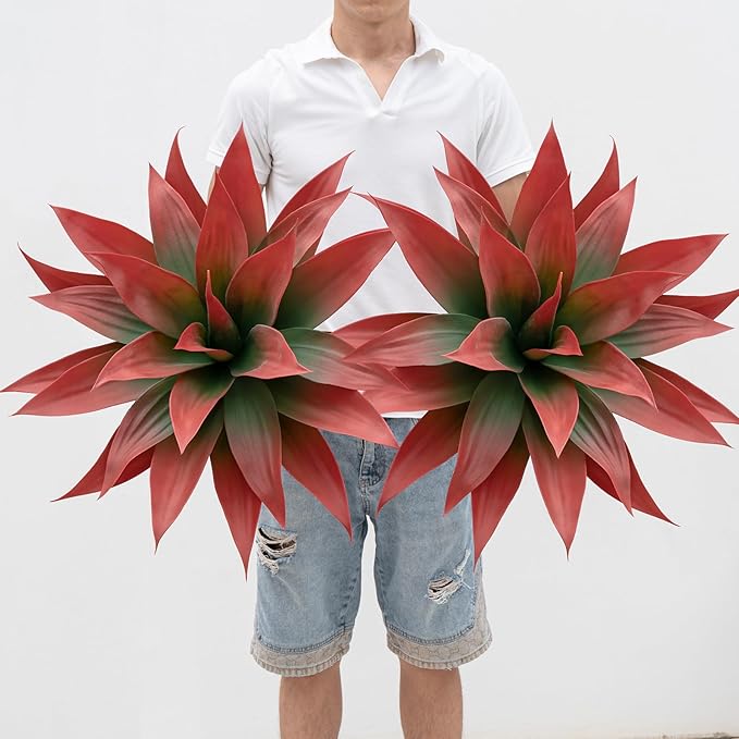 Artificial Agave Plants,Large UV Resistant Fake Agave Planters for Indoor and Outdoor Decorating Artificial Plants for Outdoors Fake Plants 2Pack, 28" Red-VerdiqueGarden