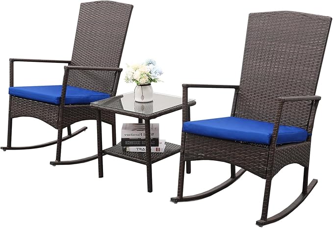 Rocking Chair Outdoor 3 Pieces High-Backed Patio Rocking Chairs Bistro Table and Chairs Set of 2, Royal Blue-VerdiqueGarden