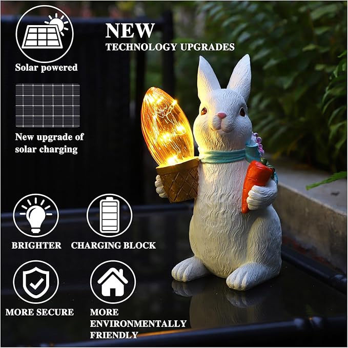 Garden Statues Rabbit with Solar Lights-Easter Bunny Outdoor Decor for Lawn,Balcony-Yard Garden&Patio Decor-Unique Gift for Mom Grandma,Unique Housewarming Gifts and Rabbit Yard Decoration-VerdiqueGarden