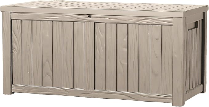 120 Outdoor Storage Box, Waterproof Resin Deck Box for Indoor & Outdoor Use, Lockable Storage Bench with Piston Hinge, Storage Bin for Patio Cushions, Garden Tools, Package Delivery, Grey-VerdiqueGarden