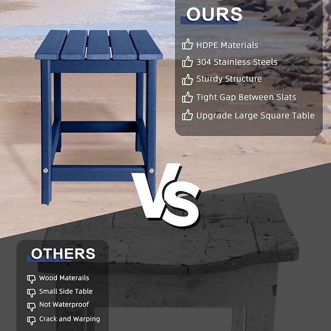 Adirondack Side Table Outdoor, HDPE Small Outdoor Table for Patio, Outside End Table, Blue, 13.98" x 13.19" x 16.73"-VerdiqueGarden