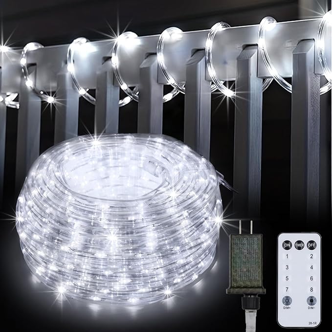50Ft 600 LED Rope Lights Outdoor, White Flexible Tube Light Waterproof Plug in 8 Modes Timer Memory, Permanent String Lights for Tree,Pool, Bedroom, Fence, Garden, Indoor, Outside Decorations-VerdiqueGarden