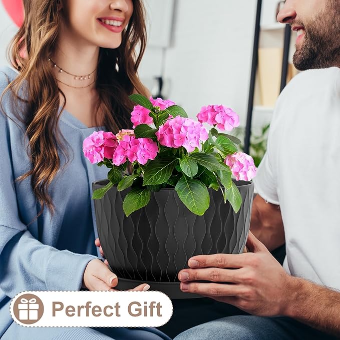 12 Inch Large Plant Pots for Indoor or Outdoor Plants, Wide Water Ripples Flower Pots with Drainage Holes & Saucer, Plastic Planters Set for Garden & Home Decor (Black)-VerdiqueGarden