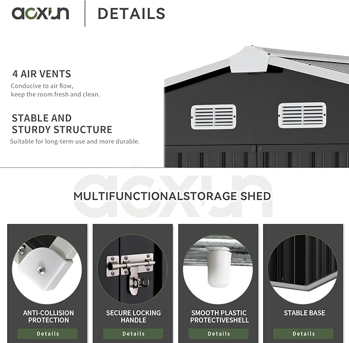 Aoxun 9.4x7.3x6.5 FT Outdoor Storage Shed with Base Outdoor Metal Shed for Tool, Garden, Bike, Placed in Patio, Garden Base Included (Black)-VerdiqueGarden