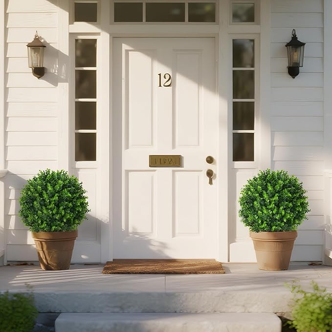 Artificial Eucalyptus Topiary Ball Trees with Ground Spike, Set of 2 UV Resistant Artificial Shrubs, Fake Evergreen Artificial Plant Bushes for Indoor Outdoor Front Porch Garden-VerdiqueGarden