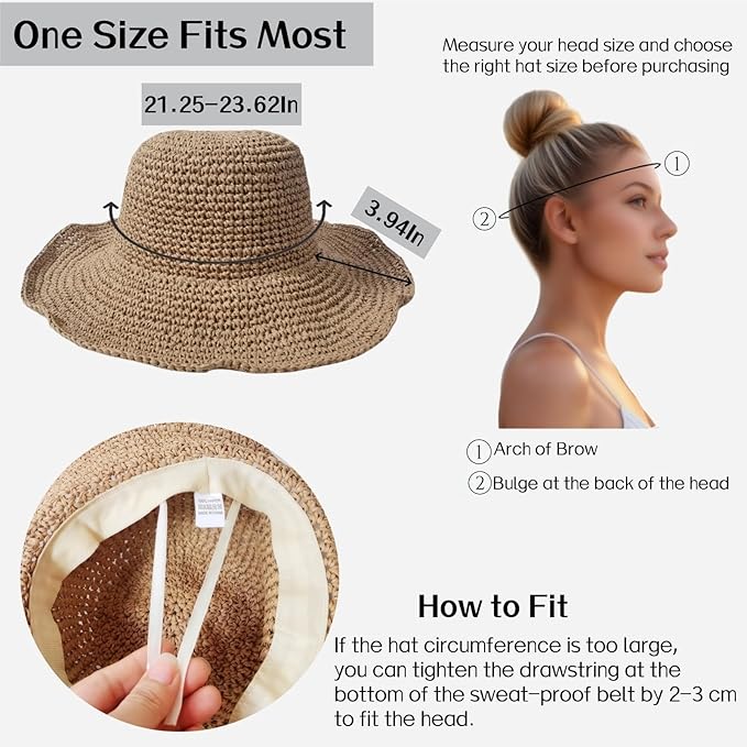 Womens Straw Beach Sun Hats, Foldable Packable Floppy Handmade Crochet Hats for Women,Large Summer Vacation Wide Brim Hat-VerdiqueGarden