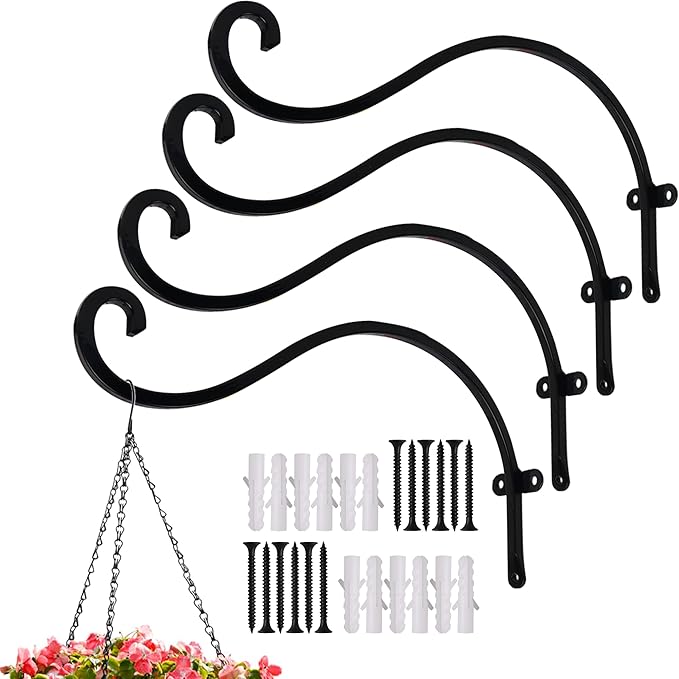 Hourleey 4 Pack Plant Hanger Outdoor, 12 Inch Heavy-Duty Hanging Plant Hook for Outside Basket, Black Metal Wall Mount Plant Bracket Hook for Flower Baskets Bird Feeder-VerdiqueGarden
