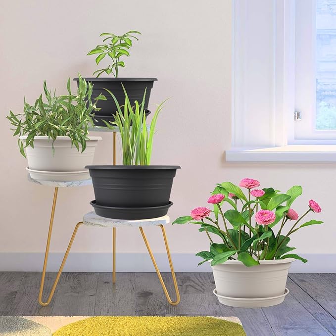 Large Flower Pots Set of 4 Pack 13 inch, Plant Pots Large Outdoor Planters with Drainage Hole & Tray Saucer, Decoration Plastic Pots for Plants for Indoor Outdoor Garden Home Plants Planter (Grey)-VerdiqueGarden