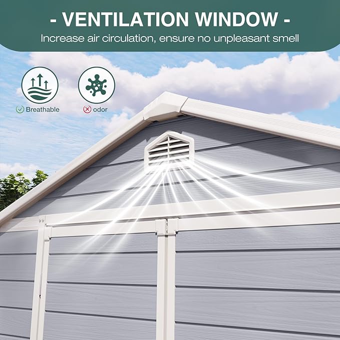 Storage Shed Plastic Outdoor Storage Shed Waterproof Container House with Lockable Door and Transparent Window for Garden, Lawn, Backyard, Patio (6x8FT)-VerdiqueGarden