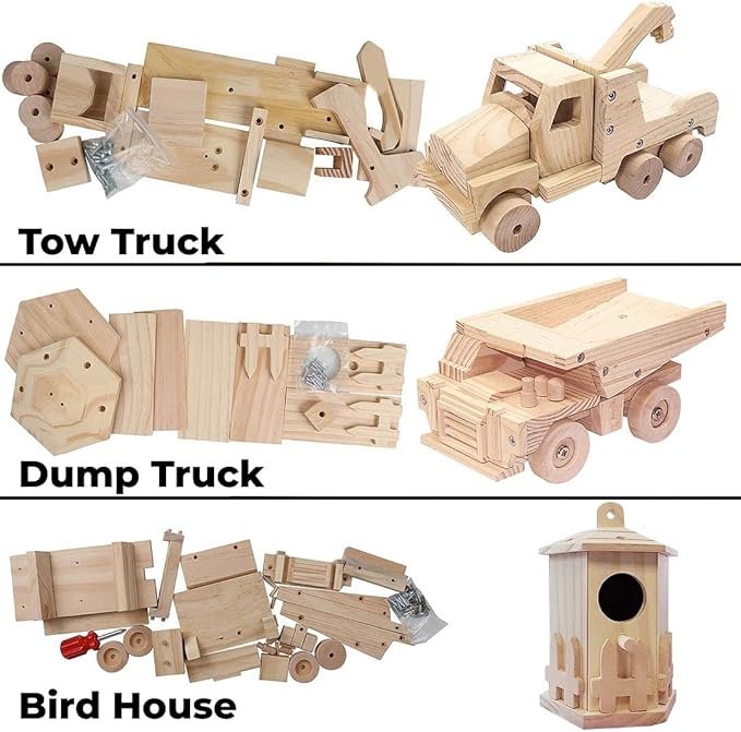 Kraftic Woodworking Building Kit for Kids and Adults, with 3 Educational DIY Carpentry Construction Wood Model Kit Toy Projects for Boys and Girls - Tow Truck, Birdhouse and Dump Truck-VerdiqueGarden