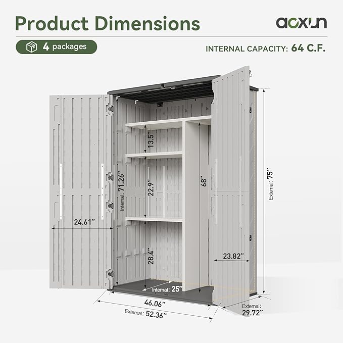 Aoxun Outdoor Resin Storage Shed with Metal Shelving Kit & Floor, 64 Cu.Ft Vertical Waterproof Storage Cabinet for Garage, Pool, Bike, Garden Tools, Patio Furniture (White)-VerdiqueGarden