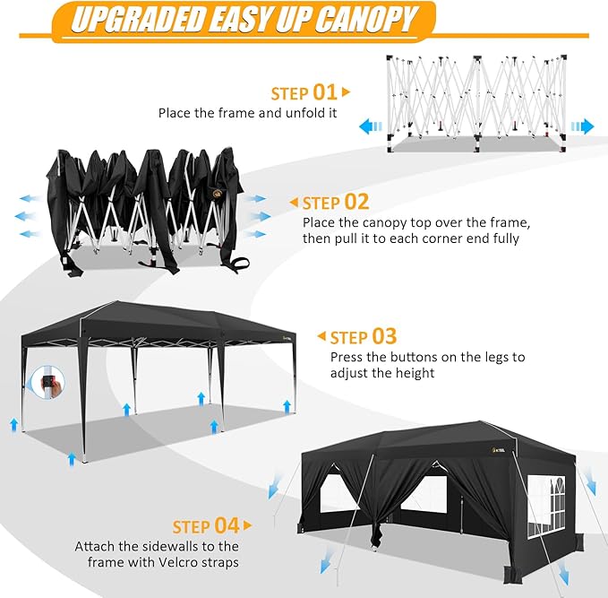 HOTEEL 10x20 Pop up Canopy with 6 Sidewalls, One Push Instant Setup Outdoor Canopy Tent with Reinforce Rod, Weight Bag, for Parties, Events, Black-VerdiqueGarden