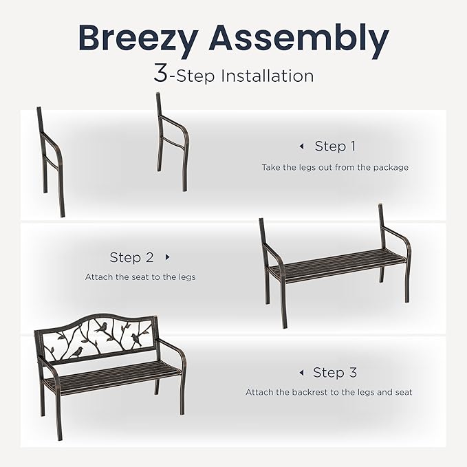 PHI VILLA Outdoor Garden Park Bench Patio 50" Metal Bench, Steel Frame Bench with Backrest and Armrests for Porch, Lawn, Balcony, Backyard and Indoor, Bronze-VerdiqueGarden