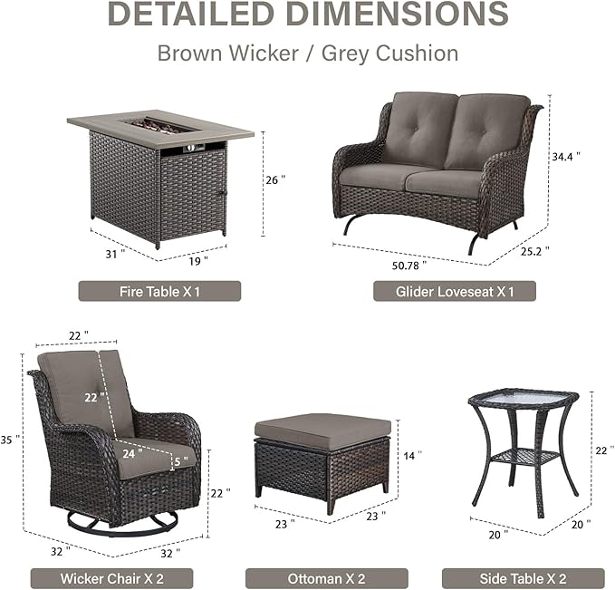 8 Piece Outdoor Patio Furniture Set - 41" CSA Propane Fire Pit Table Patio Conversation Set with Swivel Rocker Outdoor Chairs, Wicker loveseat and Ottoman for Outside Casual Gathering-VerdiqueGarden