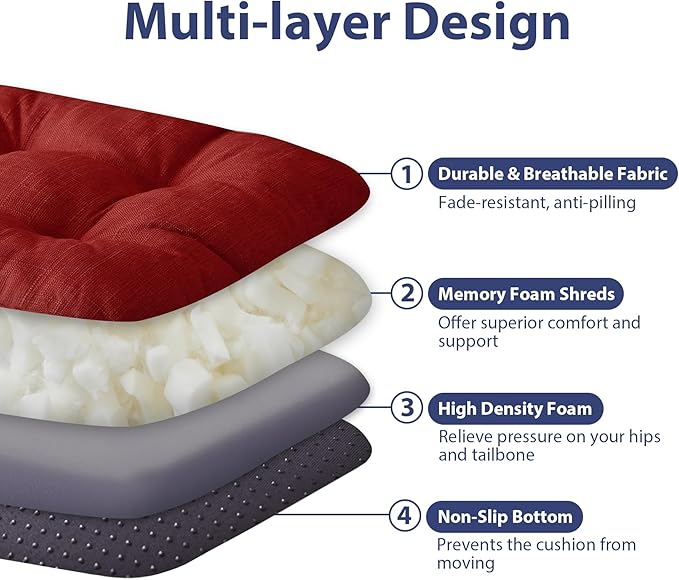 Chair Cushions for Dining Chairs, Dining Chair Cushions, Tufted Indoor Chair Pads with Ties & Non Slip Backing, Seat Cushions for Kitchen Chairs 16.5” x 16.5” x 3.5”, Set of 4, Red-VerdiqueGarden