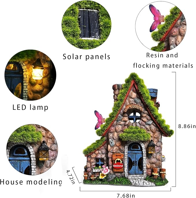 ASAWASA Resin Fairy House Statues with Solar Powered Lights, Funny Garden Sculptures with Flocked and Cobblestone Decor, Exquisite Garden Cottage Figurines-VerdiqueGarden
