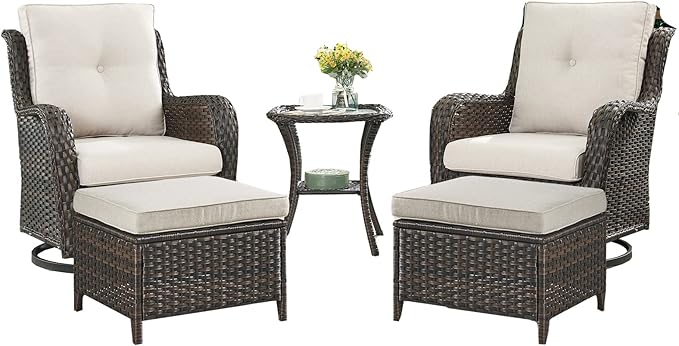 Outdoor Wicker Patio Furniture Set - 5 Pieces Rattan Patio Conversation Set with 2 Rocking Swivel Chairs,2 Ottomans and 1 Side Table for Porch Deck Backyard Garden(Brown/Beige)-VerdiqueGarden