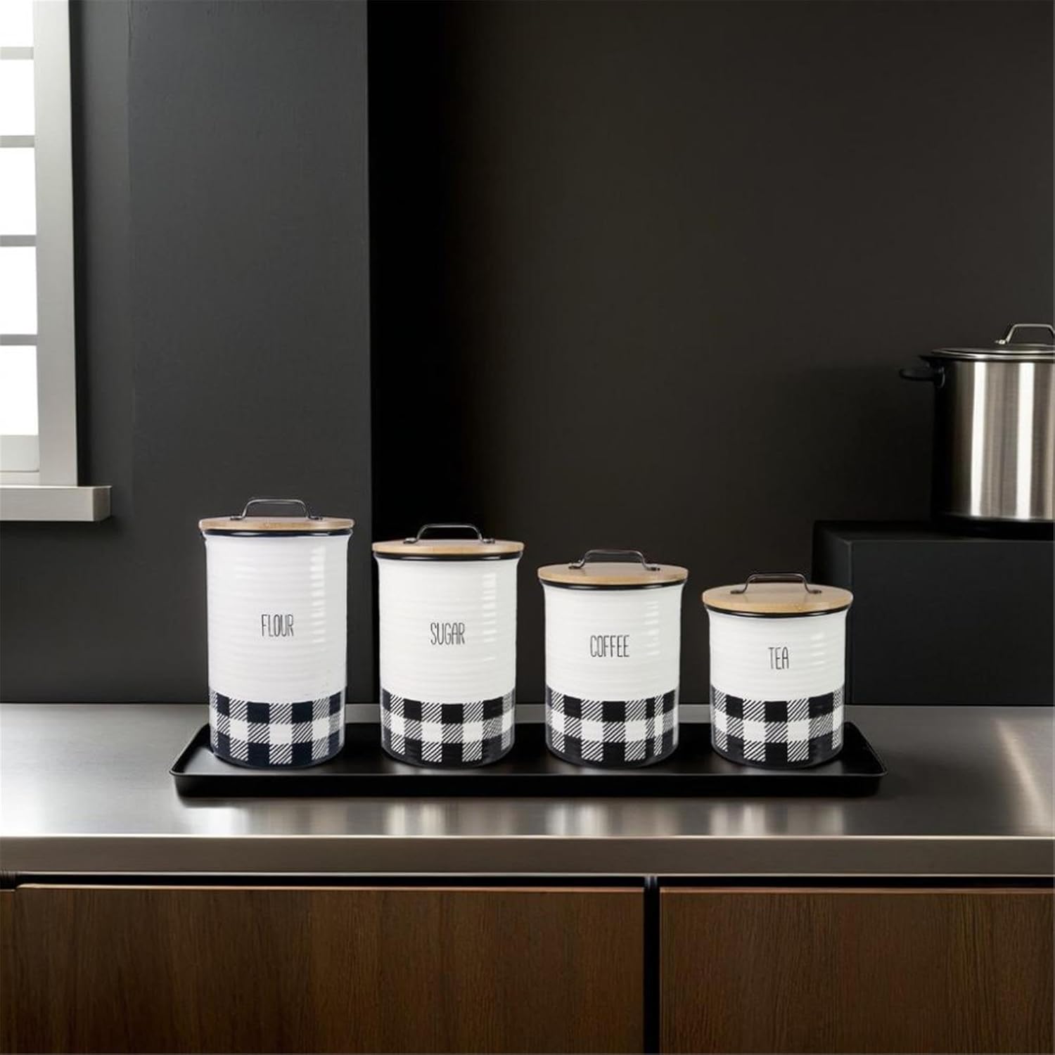 Young's Inc. 4 Pcs Set Plaid with Bamboo Lids Ceramic Canisters- Storage Container for Kitchen and Bathroom - Beautiful Home Decor Accent to Store Food, Coffee, Tea, and More - Black, White-VerdiqueGarden