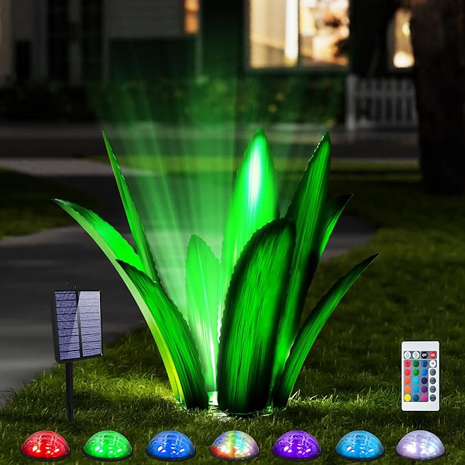Upgraded Large Metal Yard Art, Metal Agave Plant Yard Decorations Outdoor Sculpture, Metal Flowers for Outside, Waterproof Outdoor Garden Decor (Green (W/Solar Light))-VerdiqueGarden