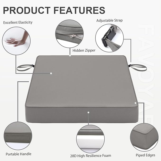 Favoyard Patio Chair Cushions 24 x 24 x 4 Inch Waterproof Outdoor Seat Cushions for Patio Furniture 3-Year Color Fastness Garden Sofa Couch Chair Pads with Handle & Adjustable Straps Set of 2, Grey-VerdiqueGarden