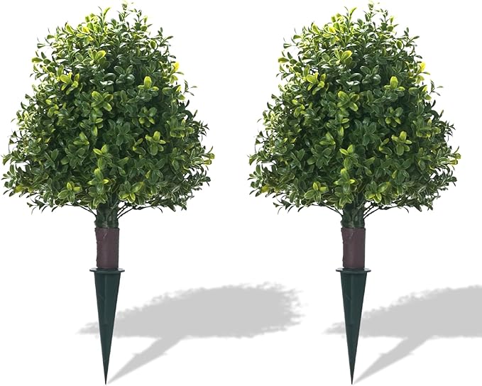 20" Artificial Boxwood Topiary Balls Trees with Ground Spike, 2 Pack UV Resistant Artificial Shrubs, Fake Evergreen Artificial Plant Brush for Indoor Outdoor Front Porch Garden-VerdiqueGarden