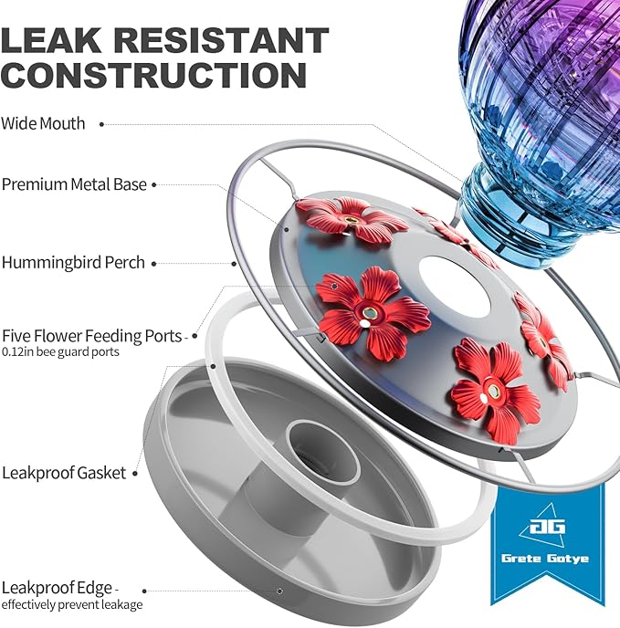 Glass Hummingbird Feeder for Outdoors Hanging, 26Oz Bird Nectar Feeder with Perch & 5 Flower Feeding Ports, Leak Proof for Outside Garden Decor Backyard, Gifts for Women Mom, Purple Blue-VerdiqueGarden