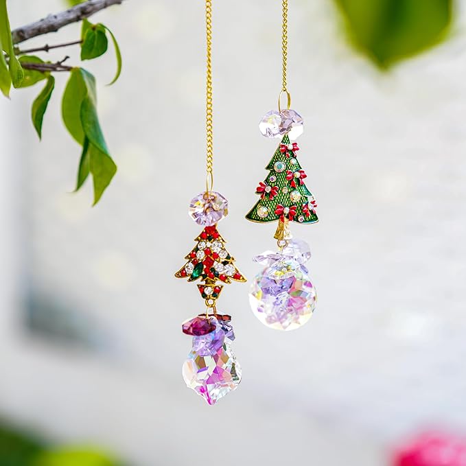 2PCS Rhinestones Christmas Tree Ornaments Suncatcher Prisms Hang for Tree Window Christmas Eve Party-VerdiqueGarden