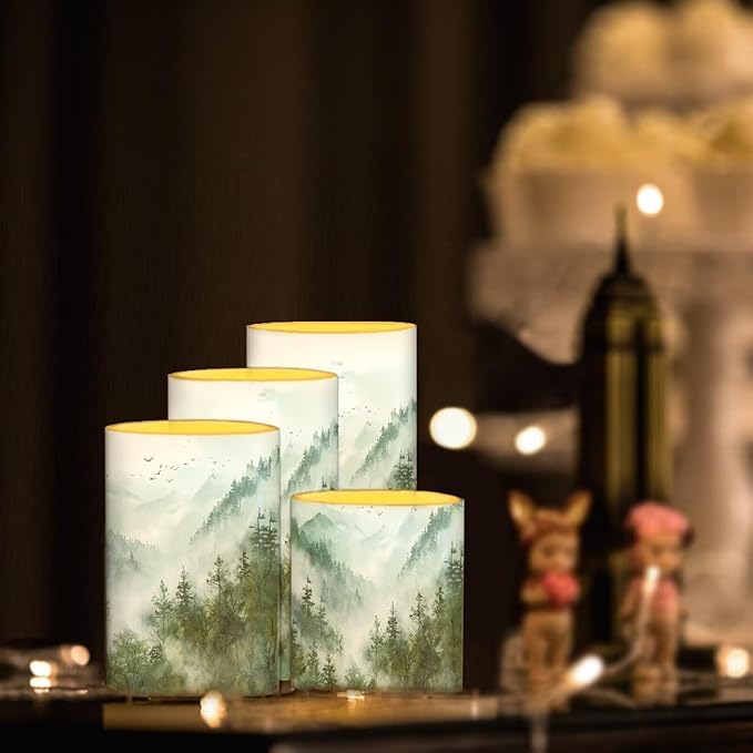 LED Flameless Candles Set Battery Operated Candles Pack of 4 with Remote Control Timer Dancing Flame Pillar Candles for Indoor Home Desktop Decoration, Mountain Tree Green-VerdiqueGarden