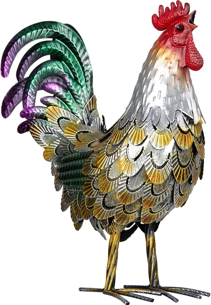 XONOR Metal Rooster Statues, Garden Chicken Decorations, Outdoor Chicken Sculpture, Metal Yard Rooster Artwork for Outdoor, Patio, Backyard and Home Kitchen Decoration (1pc, Vintage Golden)-VerdiqueGarden
