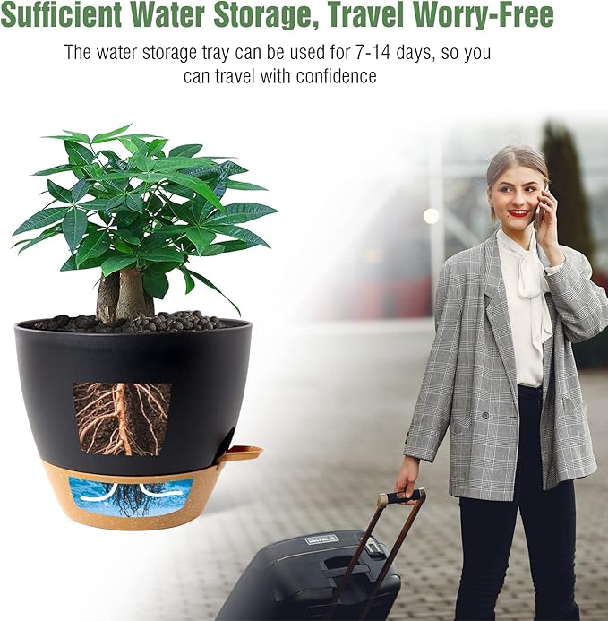 12 inch Large Self Watering Pots, Plastic Planters with 60oZ Removable Deep Reservoir and Multi Mesh Drainage Holes for Indoor Outdoor Garden Plants and Flowers, Black with Brown-VerdiqueGarden