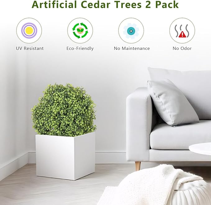 THE BLOOM TIMES 2ft Boxwood Topiary Ball Trees Artificial Outdoor Set of 2, 24" Faux Evergreen Plants Outside UV Resistant Greenery, Fake Potted Bushes and Shrubs for Front Porch Planter Patio Decor-VerdiqueGarden