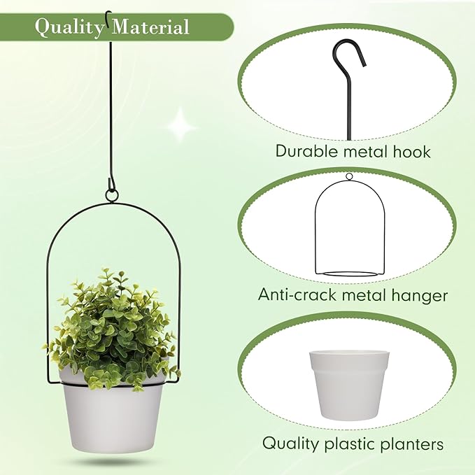 Hushee 6 Packs Metal Hanging Planters for Outdoor Indoor Plants Plant Hanger with 6.3'' Plastic Pots Hanging Planter Basket for Garden Home Porch Decor (White)-VerdiqueGarden