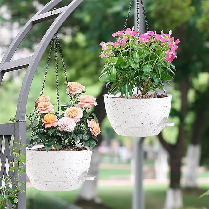 12 Inch Hanging Baskets 2 PC with Chains, Self-Watering Hanging Planters for Indoor Outdoor Plants, Plastic Hanging Flower Pots,Speckled White-VerdiqueGarden