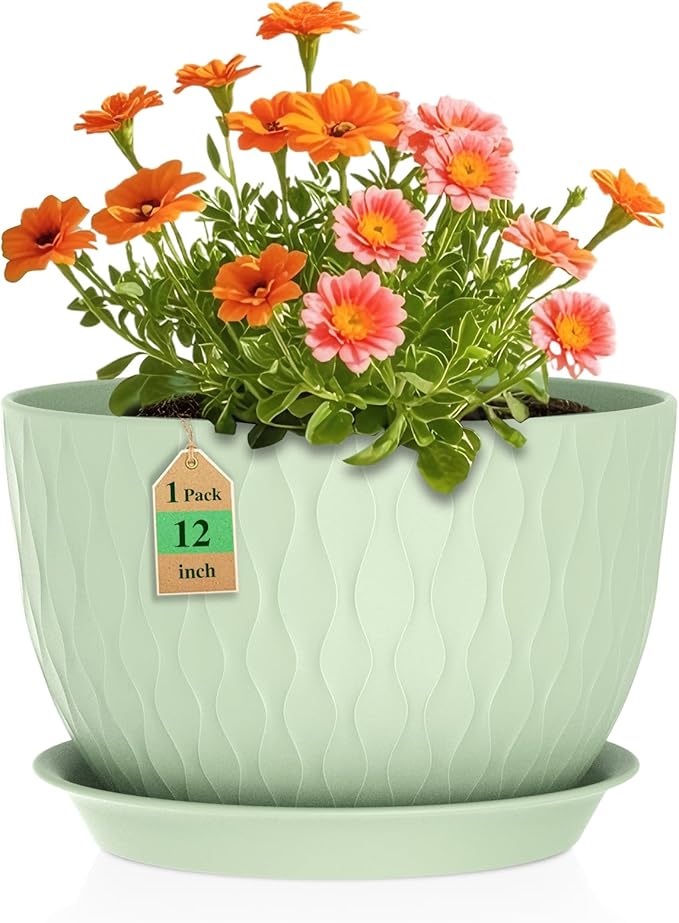 12 Inch Large Plant Pots for Indoor or Outdoor Plants, Wide Water Ripples Flower Pots with Drainage Holes & Saucer, Plastic Planters Set for Garden & Home Decor (Green)-VerdiqueGarden