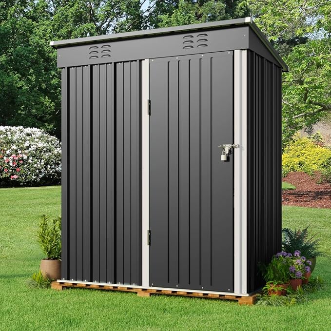 Gizoon 5 'x 3'Outdoor Storage Shed with Singe Lockable Door,Galvanized Metal Shed with Air Vent Suitable for The Garden,Tiny House Storage Sheds Outdoor for Backyard Patio Lawn-Dark Gray-VerdiqueGarden