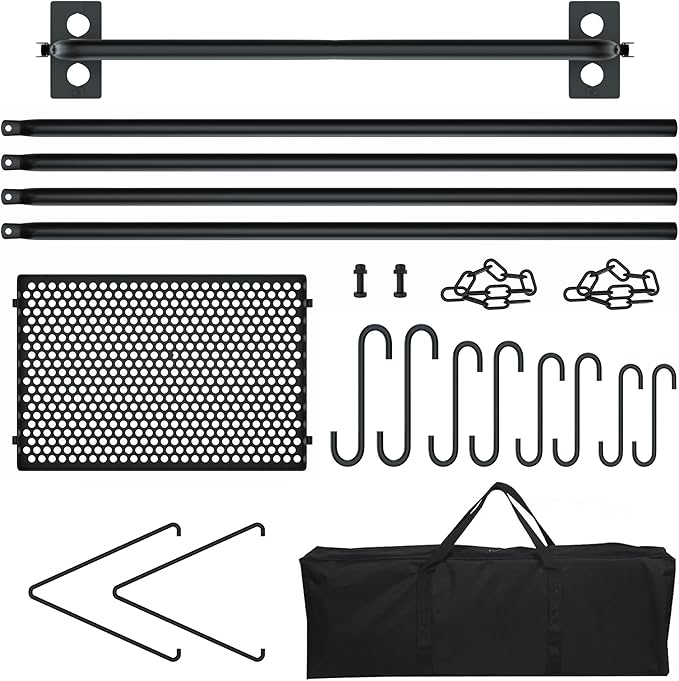 RELIANCER Grill Swing,Campfire Grill Cooking Stand w/8 Hooks & Storage Bag,Cast Iron BBQ Party Swing Grilling Cooking Rack,Outdoor Picnic Camping Cookware Hanging Rack,Collapsible Bonfire Barbecue Set-VerdiqueGarden