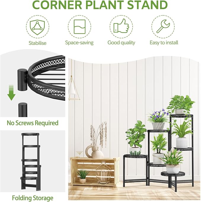 iDavosic.ly 6 Tier Large Plant Stand Indoor with 10-Inch Wide Drainage Tray, Tiered Corner Metal Outdoor Flower Display Holder Shelf, Folding Tall Rack for Patio Porch Balcony, Black Iron Carving-VerdiqueGarden