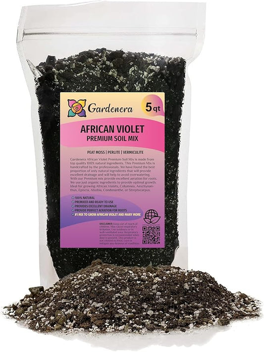 Premium African Violets and Gesneriad Premium Soil Mix by Gardenera - Horticultural Perlite (25%) + Vermiculite (25%) + Sphagnum Peat Moss (50%) - Made in USA - (5 Quart Bag)-VerdiqueGarden
