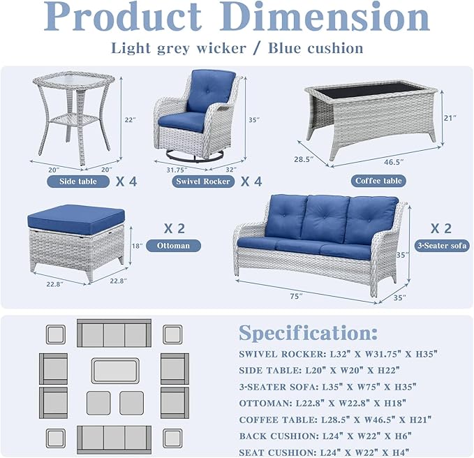 Wicker Patio Furniture Sets - 13 Piece Outdoor Rattan Furniture Conversation Sets with 4 Swivel Rocker Chairs, 2 Rattan Sofas, Wicker Ottomans and Coffee Table, Light Grey/Blue-VerdiqueGarden