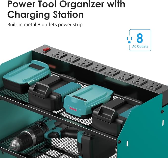 CCCEI Set Power Tool Organizer Wall Mount with Charging Station. Garage 4 Drill Storage Shelf with Hooks, Heavy Duty Metal Tool Battery Charger Organizer. Shop Utility Rack with Power Strip Navy Blue.-VerdiqueGarden