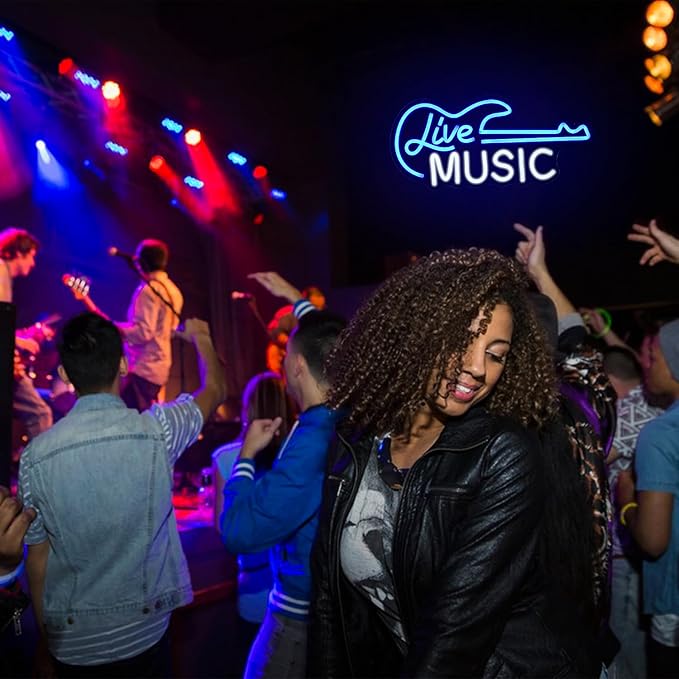 Guitar Neon Sign Blue White Live Music for Wall Decor Dimmable Guitar Led Light up Sign Letter Neon Signs Art Decorative Lights for Music Studio Live Streams Nightclub-VerdiqueGarden