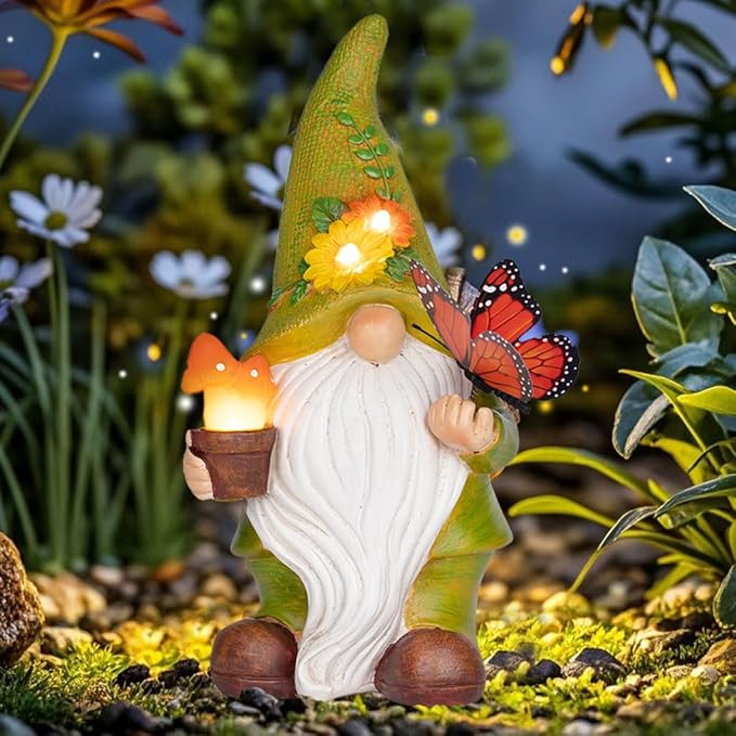 Garden Gnomes Outdoor Garden Decor-Resin Gnome with Solar Outdoor Lights Decorative Mushroom and Vivid Butterfly Spring Gnomes Decorations for Yard Decor,Gardening Gifts for Women-VerdiqueGarden