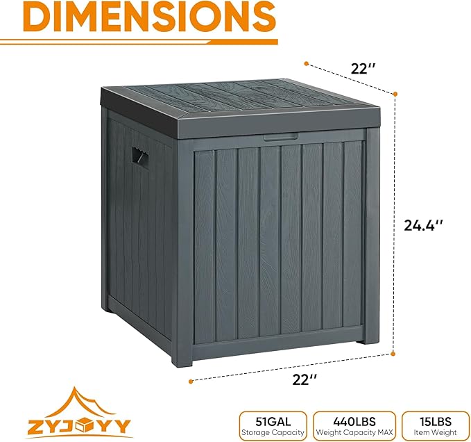 51 Gallon Resin Deck Box, Outdoor Storage Box Waterproof for Patio, Garden, Pool, and Deck, Storage Solution for Cushions, Tools, Delivery Packages, Grey-VerdiqueGarden