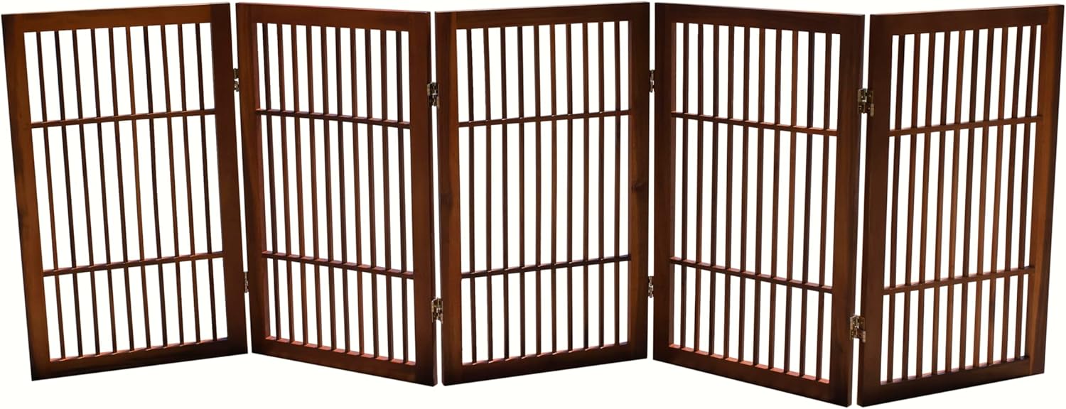 Pet Dog Gate Strong and Durable Freestanding Folding Acacia Hardwood Portable Wooden Fence Indoors or Outdoors by Urnporium (Brown Pet Gate, 5 Panel 30" Tall)-VerdiqueGarden